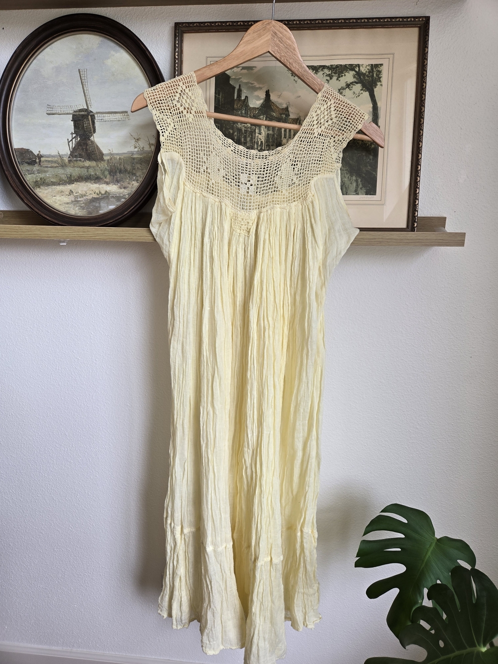 Vintage | 70's Butter Yellow Knitted Fish Mumu | Size Small - Large